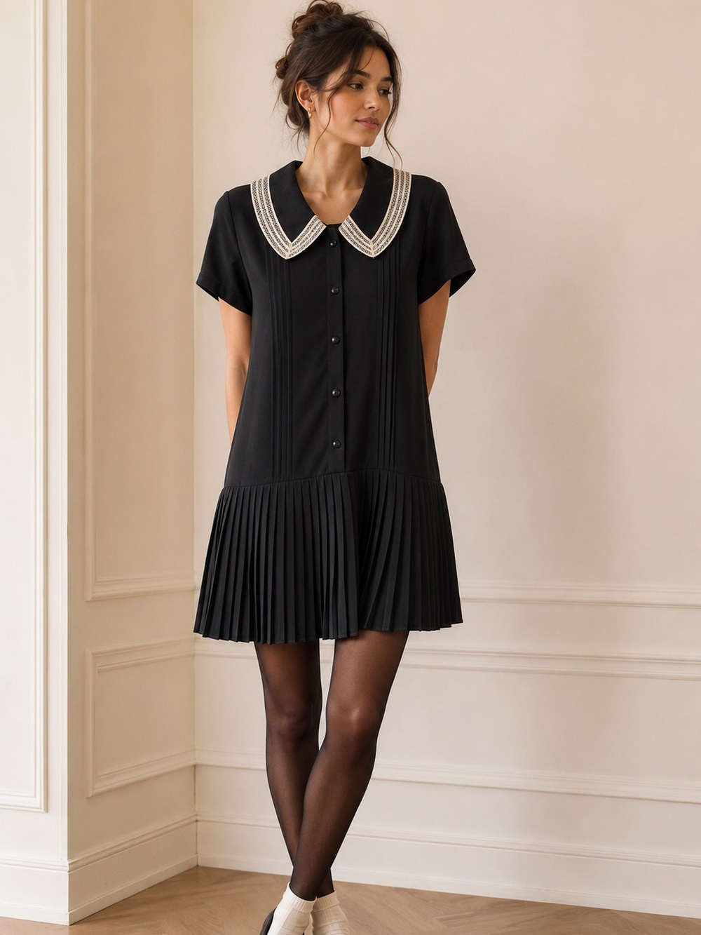 BQ Studios Black Pleated Sailor Collar Drop Waist Dress Medium